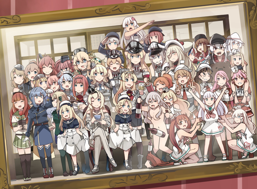 6+girls :&gt; :d =_= ^_^ ^o^ animal aquila_(kantai_collection) ark_royal_(kantai_collection) arms_up atlanta_(kantai_collection) bear beret bismarck_(kantai_collection) black_headwear blonde_hair blue_eyes blue_hair blush brown_eyes brown_hair closed_eyes colorado_(kantai_collection) commandant_teste_(kantai_collection) commentary_request de_ruyter_(kantai_collection) dixie_cup_hat eyebrows_visible_through_hair fang fletcher_(kantai_collection) gambier_bay_(kantai_collection) gangut_(kantai_collection) giuseppe_garibaldi_(kantai_collection) gotland_(kantai_collection) graf_zeppelin_(kantai_collection) grecale_(kantai_collection) green_eyes grey_hair grin hair_between_eyes hairband hat hibiki_(kantai_collection) high_ponytail highres houston_(kantai_collection) hypnosis i-504_(kantai_collection) ido_(teketeke) intrepid_(kantai_collection) iowa_(kantai_collection) janus_(kantai_collection) jervis_(kantai_collection) johnston_(kantai_collection) kantai_collection koala libeccio_(kantai_collection) littorio_(kantai_collection) long_hair low_twintails luigi_di_savoia_duca_degli_abruzzi_(kantai_collection) luigi_torelli_(kantai_collection) maestrale_(kantai_collection) military_hat mind_control mini_hat mole mole_under_eye mole_under_mouth multiple_girls nelson_(kantai_collection) one_eye_closed open_mouth orange_hair papakha peaked_cap perth_(kantai_collection) picture_(object) pince-nez pink_eyes pink_hair pola_(kantai_collection) pom_pom_(clothes) ponytail prinz_eugen_(kantai_collection) redhead richelieu_(kantai_collection) ro-500_(kantai_collection) roma_(kantai_collection) sailor_hat samuel_b._roberts_(kantai_collection) short_hair side_ponytail silver_hair smile star star-shaped_pupils symbol-shaped_pupils tashkent_(kantai_collection) tiara twintails two_side_up verniy_(kantai_collection) violet_eyes warspite_(kantai_collection) white_hairband white_headwear wojtek_(ido) yellow_eyes z1_leberecht_maass_(kantai_collection) z3_max_schultz_(kantai_collection) zara_(kantai_collection)