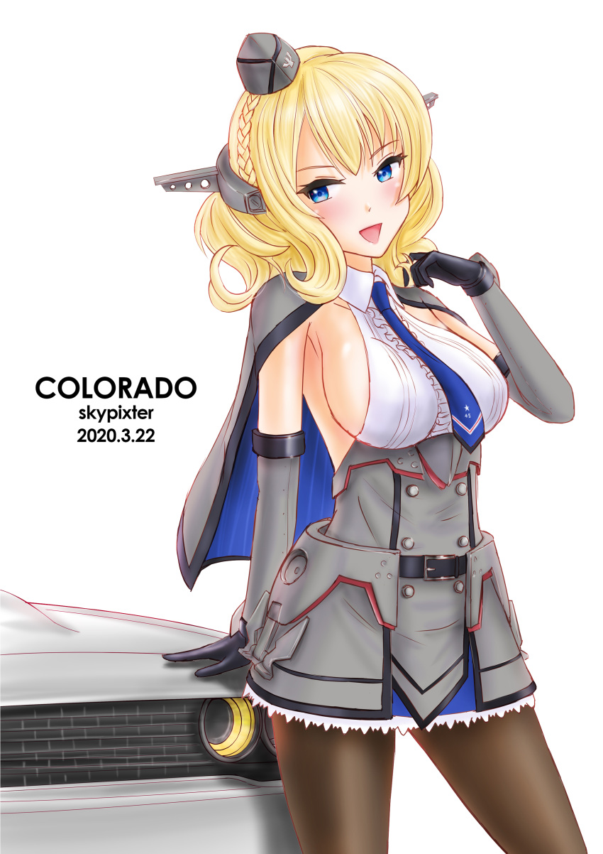 1girl absurdres artist_name black_gloves black_legwear blonde_hair blue_eyes blue_neckwear breasts capelet car character_name colorado_(kantai_collection) commentary_request cowboy_shot dated dress elbow_gloves garrison_cap gloves grey_dress grey_headwear ground_vehicle hat headgear highres kantai_collection large_breasts motor_vehicle necktie pantyhose pleated_dress shirt short_hair side_braids sideboob skypixter sleeveless solo white_background white_shirt