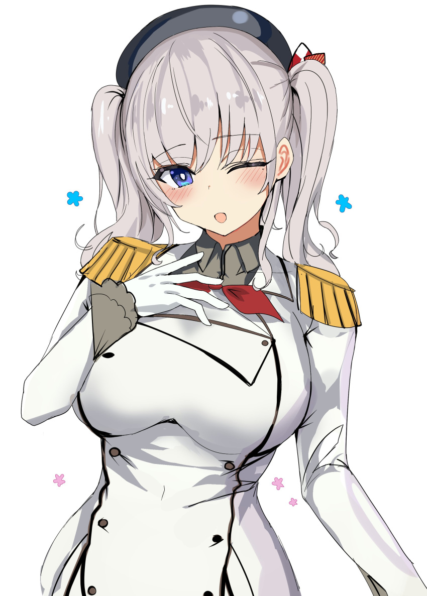 1girl absurdres bangs beret blue_eyes blush breasts epaulettes eyebrows_visible_through_hair fafas68 gloves hat highres kantai_collection kashima_(kantai_collection) large_breasts long_hair long_sleeves mole mole_under_eye one_eye_closed open_mouth silver_hair simple_background solo twintails upper_body wavy_hair white_background white_gloves
