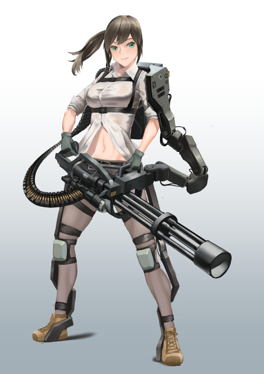 1girl absurdres brown_hair commentary_request cureeper0210 exoskeleton full_body gatling_gun gloves gradient gradient_background green_eyes gun highres holding holding_gun holding_weapon huge_filesize knee_pads korean_commentary m134_minigun midriff minigun navel original side_ponytail solo weapon