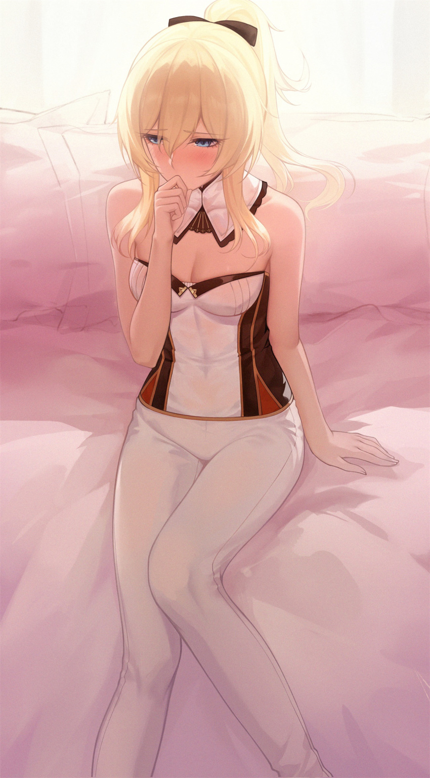 1girl arm_support bare_shoulders black_hair black_ribbon blonde_hair blue_eyes blush breasts cleavage commentary detached_collar genshin_impact hand_to_own_mouth highres jean_(genshin_impact) long_hair looking_away on_bed original ponytail red-d ribbon sidelocks sitting sitting_on_bed small_breasts solo