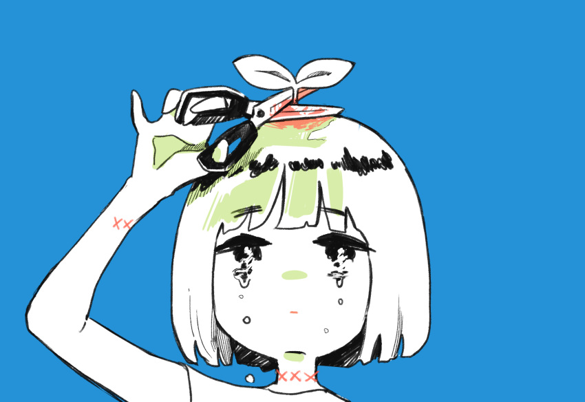 1girl bangs blue_background eyebrows_visible_through_hair highres holding holding_scissors leaf limited_palette original richard_(ri39p) scissors short_hair simple_background solo tears