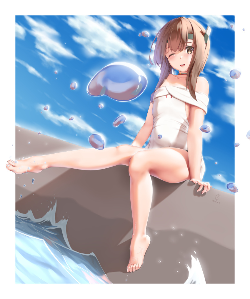 1girl alternate_costume bangs bare_arms bare_legs bare_shoulders barefoot blue_sky blush breasts brown_eyes brown_hair clouds day eyebrows_visible_through_hair feet headgear highres jiangjin_nanyun_zhi_(kumita) kantai_collection long_hair looking_at_viewer off_shoulder one_eye_closed open_mouth outdoors sitting sky smile solo taihou_(kantai_collection) thighs water water_drop