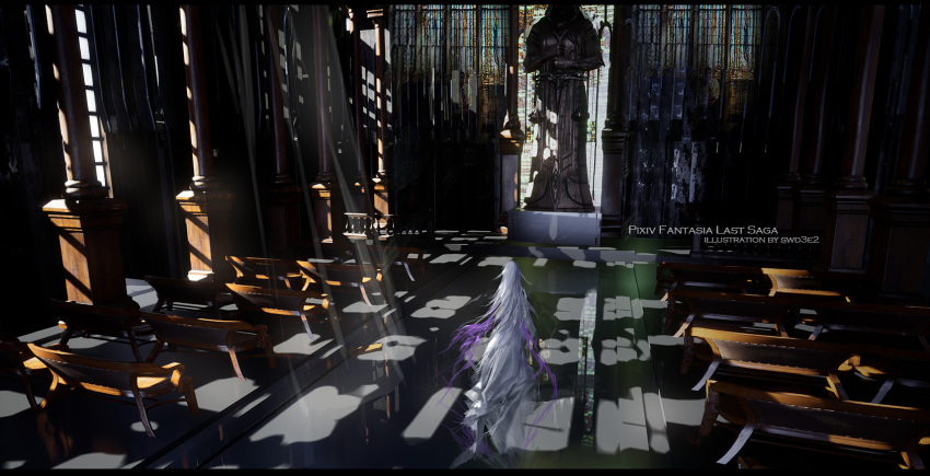 1girl artist_name building commentary_request dress fantasy from_behind full_body highres indoors letterboxed light_rays long_hair original pixiv_fantasia pixiv_fantasia_last_saga scenery shadow solo stained_glass statue sunbeam sunlight swd3e2 very_long_hair white_dress white_hair