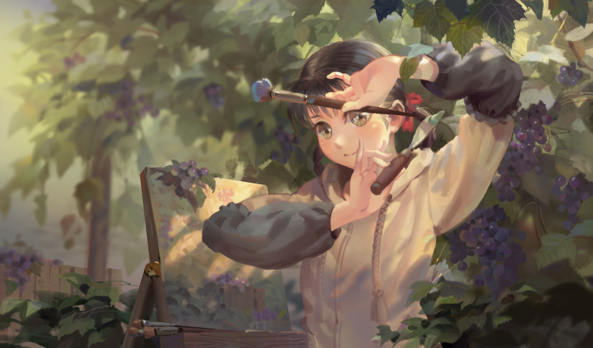 1girl absurdres art_brush bangs braid brown_eyes brown_hair canvas_(object) closed_mouth day food fruit grapes hair_ribbon highres holding holding_paintbrush hood hood_down hoodie original outdoors paintbrush painting painting_(object) plant psi_(583278318) red_ribbon ribbon smile solo twin_braids twintails upper_body