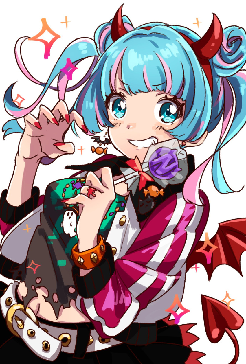 1girl belt black_skirt blue_eyes blue_hair bracelet candy claw_pose demon_horns demon_tail demon_wings double_bun earrings eyebrows_visible_through_hair fingernails food grin hairband highres holding horns jewelry lollipop long_sleeves looking_at_viewer low_wings multicolored_hair nanasaki_nicole navel red_nails ring shirt skirt smile solo sparkle streaked_hair tail tokyo_7th_sisters torn_clothes torn_shirt twintails upper_body westxost_(68monkey) white_background white_belt wings
