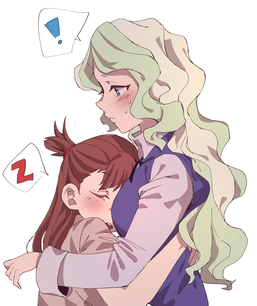 ! 2girls absurdres blonde_hair blue_eyes blush breasts brown_hair closed_eyes closed_mouth diana_cavendish head_on_chest highres hug kagari_atsuko little_witch_academia long_hair looking_at_another luna_nova_school_uniform medium_breasts multiple_girls open_mouth school_uniform simple_background sleeping speech_bubble sweat takao_(88499191) teeth upper_body upper_teeth white_background yuri