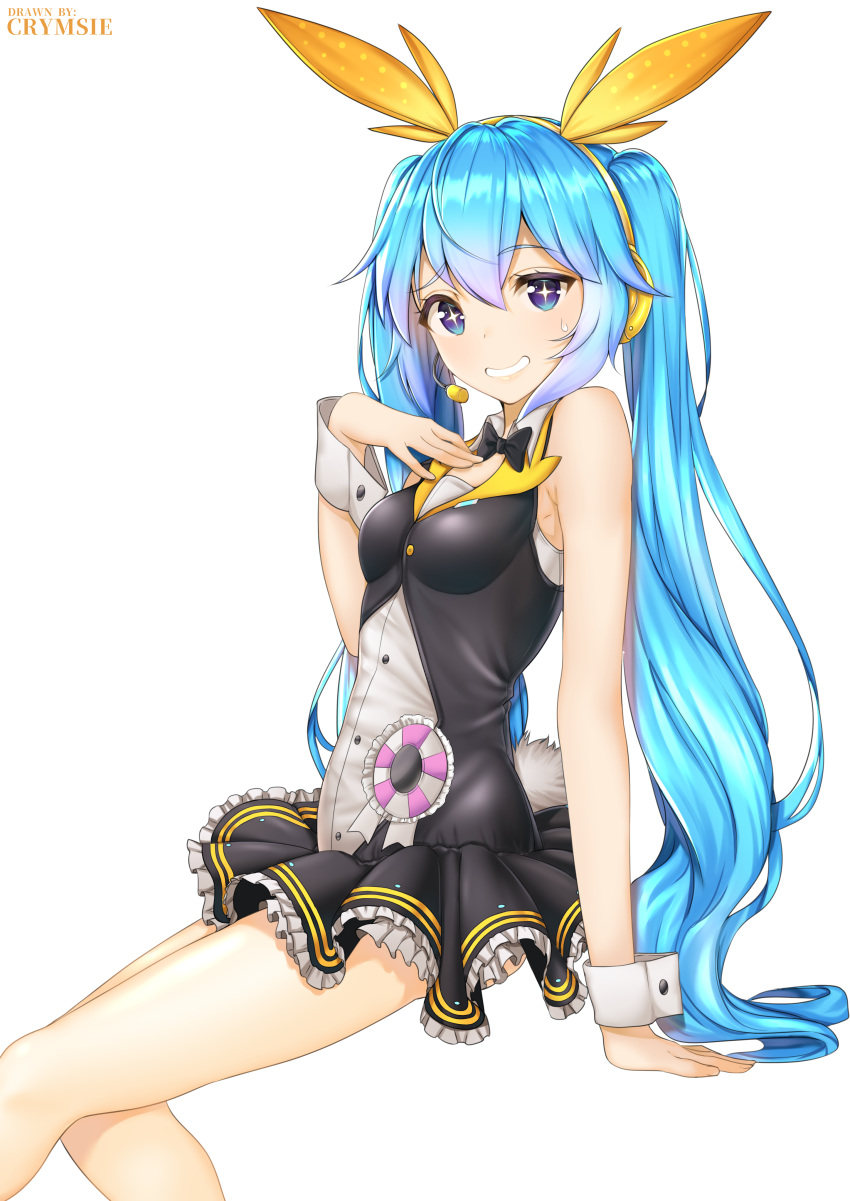 1girl absurdres bangs bare_arms bare_shoulders black_bow blue_eyes blue_hair bow breasts commentary_request hair_between_eyes hatsune_miku highres long_hair low_twintails medium_breasts rachel_bouvier simple_background smile solo twintails very_long_hair vocaloid white_background wrist_cuffs