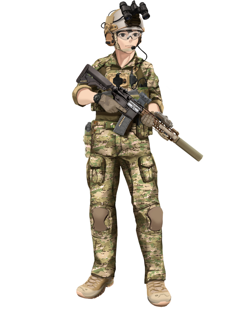 1girl absurdres assault_rifle black_eyes camouflage cureeper0210 full_body gloves goggles gun headset helmet highres holding holding_gun holding_weapon knee_pads military night_vision_device original rifle solo suppressor watch watch weapon weapon_request white_background