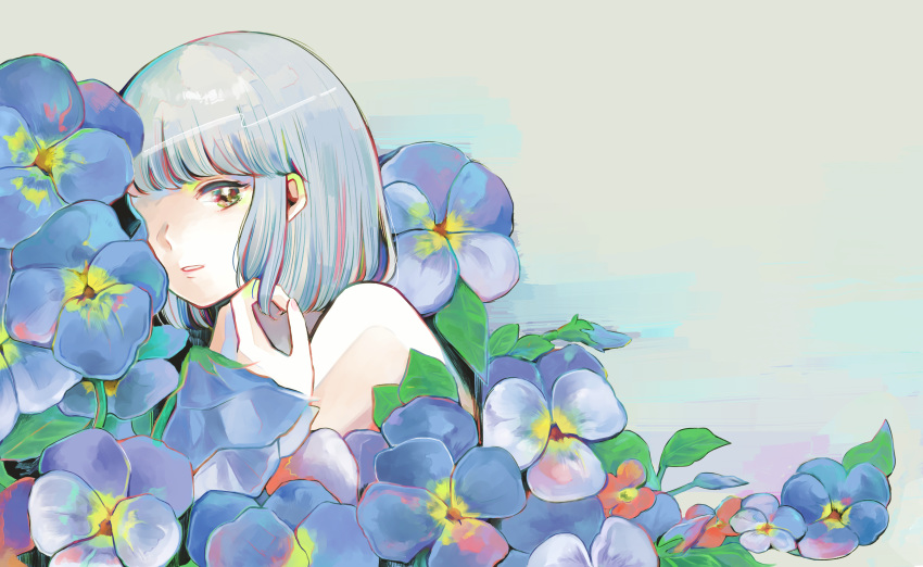 1girl absurdres bangs bare_shoulders blue_flower flower grey_background grey_hair highres looking_at_viewer medium_hair one_eye_covered original oversized_flowers pansy parted_lips red_flower richard_(ri39p) solo upper_body yellow_eyes