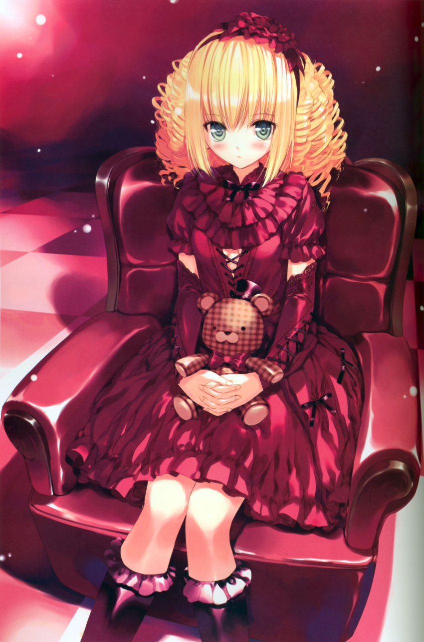 blonde_hair blush boots chair detached_sleeves dress drill_hair gothic_lolita green_eyes hairband headband highres lolita_fashion ribbon ribbons sitting stuffed_animal stuffed_toy teddy_bear ueda_ryou