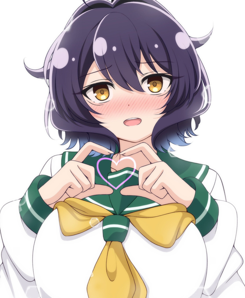 1girl blush breasts commentary green_sailor_collar hair_between_eyes hands_up heart heart_hands heart_in_heart_hands highres hiiragi_utena large_breasts looking_at_viewer mahou_shoujo_ni_akogarete namako_muri open_mouth purple_hair sailor_collar shirt short_hair simple_background solo symbol-only_commentary upper_body white_background white_shirt yellow_eyes