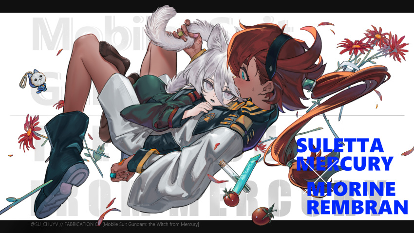 2girls absurdres animal_ears asticassia_school_uniform bandaid bandaid_on_finger bandaid_on_hand black_boots black_hairband black_pantyhose blue_eyes boots cat_ears cat_girl cat_tail character_name ciao_churu commentary_request cool_(gundam_suisei_no_majo) flower green_jacket green_shorts grey_eyes gundam gundam_suisei_no_majo hairband highres jacket kemonomimi_mode letterboxed long_hair miorine_rembran multiple_girls open_mouth pantyhose pet_food ponytail red_flower red_hair school_uniform shorts su_xiao_jei suletta_mercury sweat tail test_tube thick_eyebrows tomato white_jacket white_shorts yuri