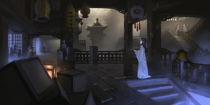 1girl absurdres box commentary_request doora_(dora0913) dress fantasy ghost highres holding indoors long_dress long_hair long_sleeves original pagoda profile scenery shrine solo_focus stairs standing tombstone very_wide_shot white_dress white_skin wide_sleeves