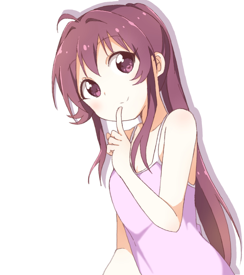 1girl bangs bare_shoulders breasts camisole closed_mouth commentary eyebrows_visible_through_hair finger_to_mouth highres index_finger_raised long_hair looking_at_viewer mesushio ponytail purple_hair purple_shirt shadow shirt simple_background sleeveless sleeveless_shirt small_breasts smile solo spaghetti_strap standing sugiura_ayano upper_body very_long_hair violet_eyes white_background yuru_yuri