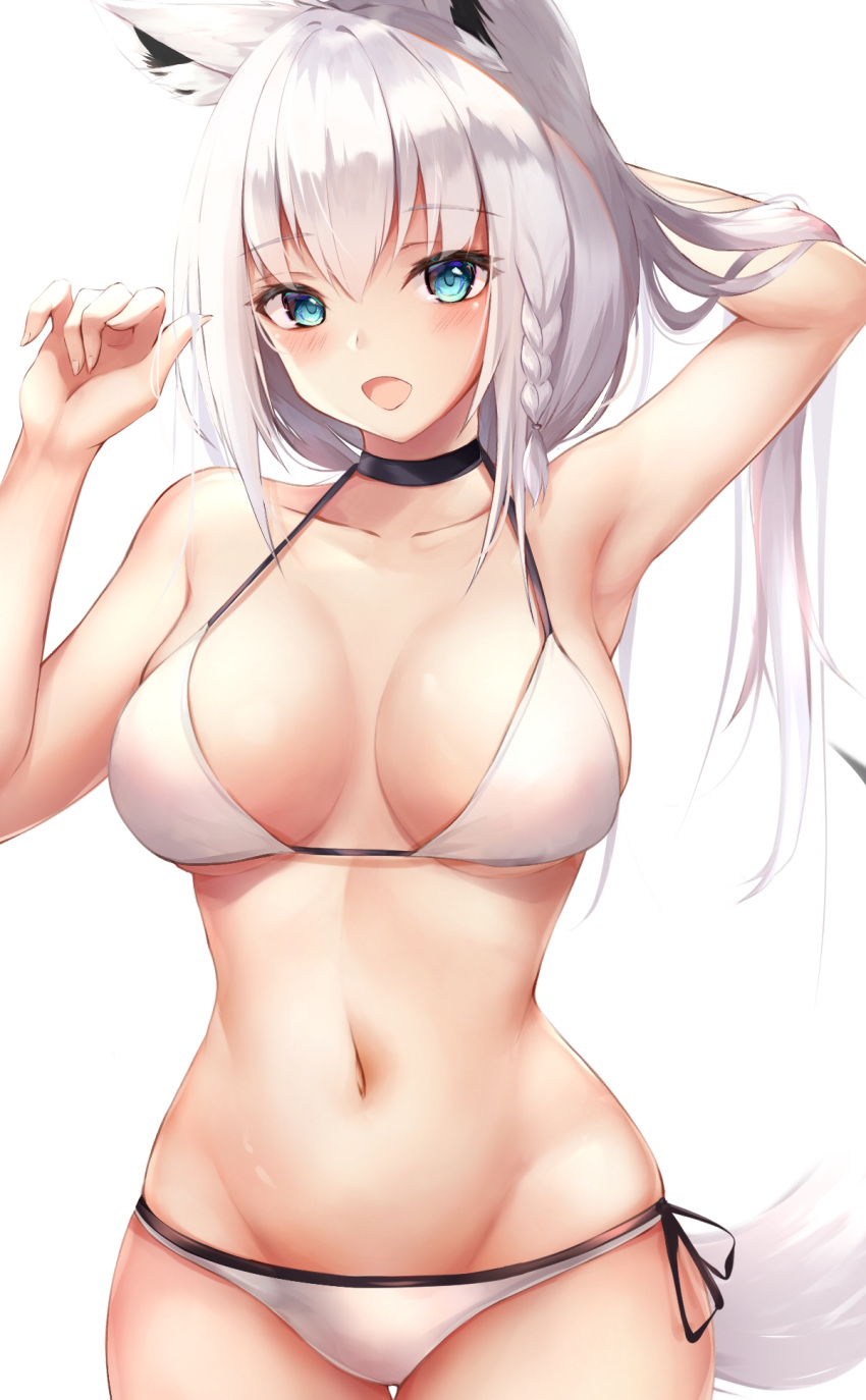 1girl :d animal_ears arm_up armpits bare_arms bare_shoulders bikini blue_eyes braid breasts breasts_apart choker collarbone cowboy_shot fox_ears fox_girl fox_tail groin halter_top halterneck hand_up highres hololive kisaki_oni large_breasts long_hair looking_at_viewer navel open_mouth shirakami_fubuki side-tie_bikini silver_hair simple_background skindentation smile solo stomach swimsuit tail virtual_youtuber white_background white_bikini