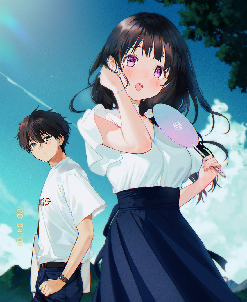 1boy 1girl bangs belt black_hair blue_sky blush breasts brown_belt brown_hair chitanda_eru clear_sky clouds commentary_request denim eyebrows_visible_through_hair fan from_side green_eyes hair_between_eyes highres holding holding_fan hyouka jeans jewelry light long_hair looking_at_viewer mery_(apfl0515) open_mouth oreki_houtarou outdoors pants parted_lips shirt short_sleeves skirt sky smile sun t-shirt tree upper_body violet_eyes watch watch white_shirt