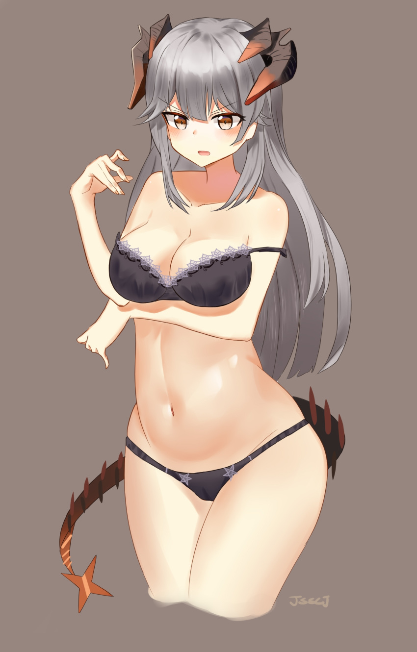 1girl arknights artist_name bangs bare_arms bare_shoulders black_bra black_panties blush bra breast_hold breasts brown_eyes commentary cowboy_shot cropped_legs eyebrows_visible_through_hair grey_background hair_between_eyes hand_up highres horns jsscj large_breasts long_hair looking_at_viewer navel open_mouth panties saria_(arknights) signature silver_hair simple_background solo standing stomach strap_slip tail thighs underwear v-shaped_eyebrows