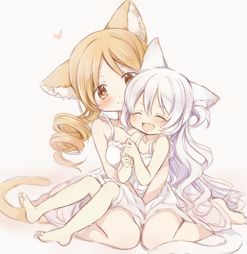 2girls :d absurdres animal_ear_fluff animal_ears barefoot blonde_hair blush closed_eyes highres hitode kemonomimi_mode mahou_shoujo_madoka_magica momoe_nagisa multiple_girls nightgown open_mouth sitting sitting_on_lap sitting_on_person smile tail tomoe_mami yellow_eyes