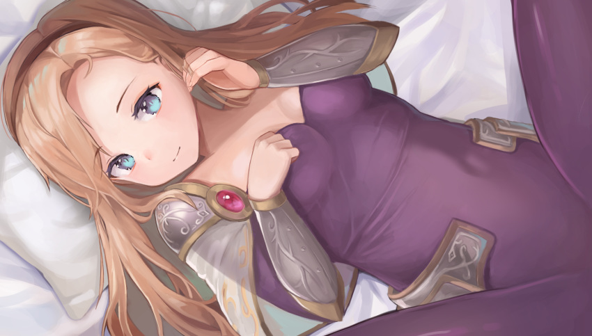 1girl bed_sheet blonde_hair blue_eyes breasts covered_navel dress eyebrows eyebrows_visible_through_hair gem hair_twirling highres hip_armor league_of_legends looking_at_viewer luxanna_crownguard lying medium_breasts medium_hair on_back pillow purple_dress shoulder_armor smile spread_legs taena