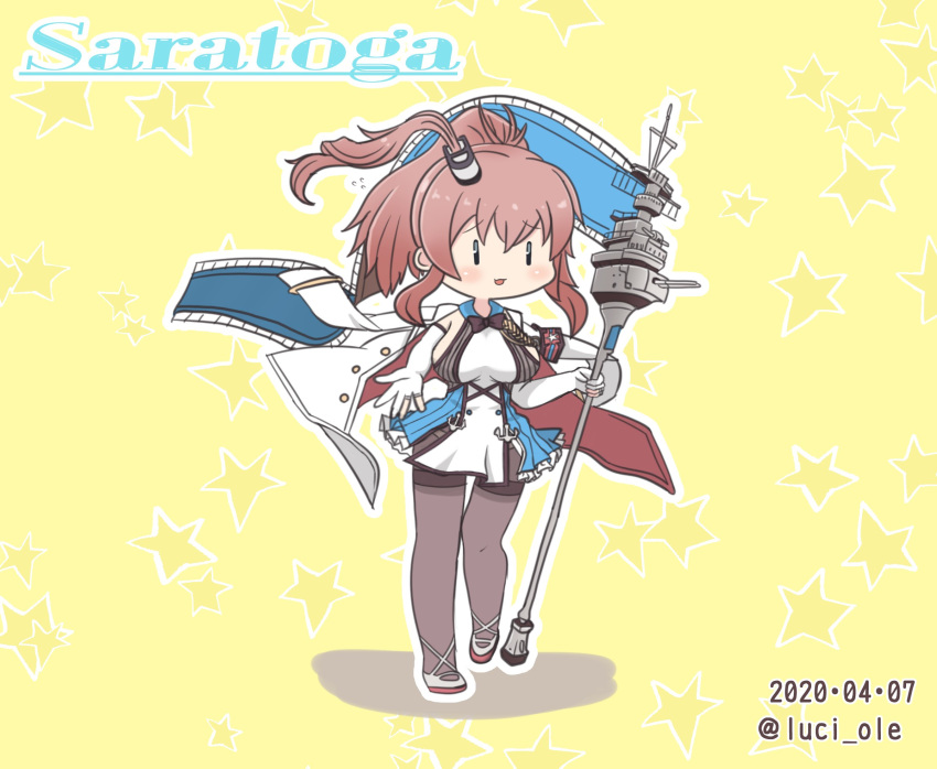 1girl azur_lane black_legwear blue_eyes breasts brown_hair character_name chibi commentary_request cosplay dated dress elbow_gloves gloves hair_between_eyes hair_ornament highres jacket_on_shoulders kantai_collection large_breasts luci_ole multicolored multicolored_clothes multicolored_dress namesake pantyhose partly_fingerless_gloves ponytail saratoga_(azur_lane) saratoga_(azur_lane)_(cosplay) saratoga_(kantai_collection) side_ponytail sidelocks sleeveless sleeveless_dress smokestack smokestack_hair_ornament solo staff standing star starry_background thighband_pantyhose twitter_username white_gloves yellow_background