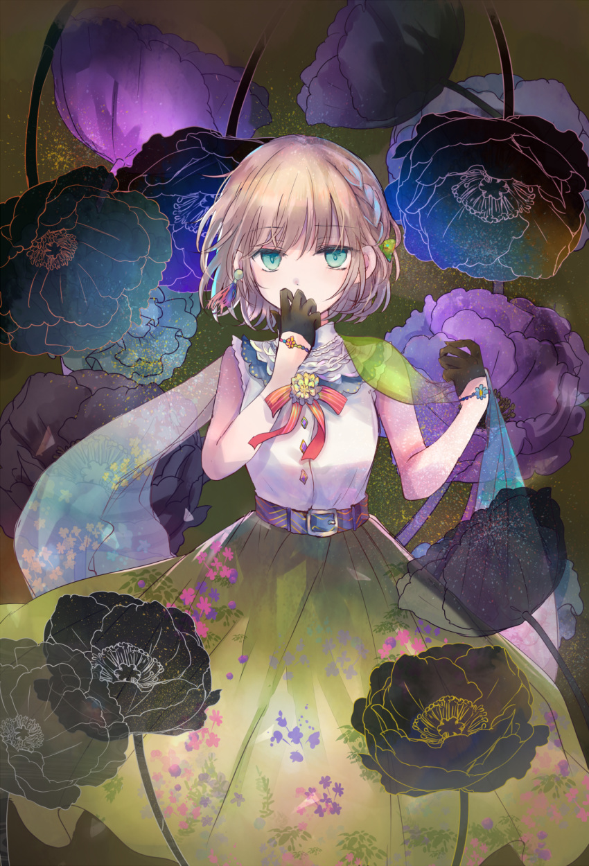 1girl bangs black_flower black_gloves blue_eyes blue_flower bow braid brown_hair commentary covered_mouth english_commentary eyebrows_visible_through_hair floral_print flower gloves green_bow green_skirt hair_between_eyes hair_bow half_gloves hand_up hands_up highres kazu_(muchuukai) looking_at_viewer original pleated_skirt print_skirt purple_flower red_bow see-through shirt skirt sleeveless sleeveless_shirt solo striped striped_bow white_shirt