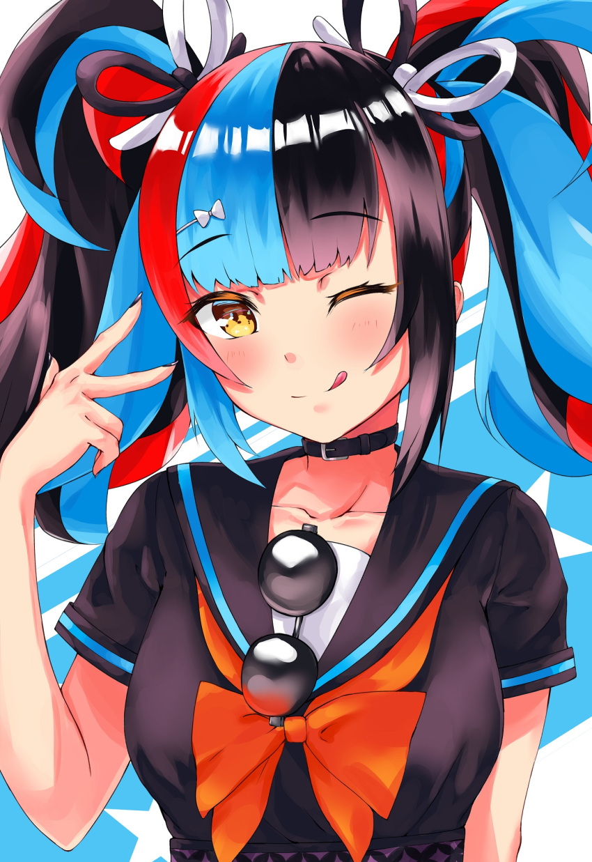 1girl bangs black_collar black_hair black_nails black_sailor_collar black_serafuku black_shirt blue_background blue_hair blush breasts closed_mouth collar collarbone eyewear_hang eyewear_removed fate/grand_order fate_(series) highres large_breasts licking_lips long_hair looking_at_viewer maki_(pixiv9288678) multicolored_hair one_eye_closed red_neckwear redhead sailor_collar school_uniform sei_shounagon_(fate) serafuku shirt short_sleeves smile solo sunglasses tongue tongue_out twintails two-tone_background v white_background yellow_eyes