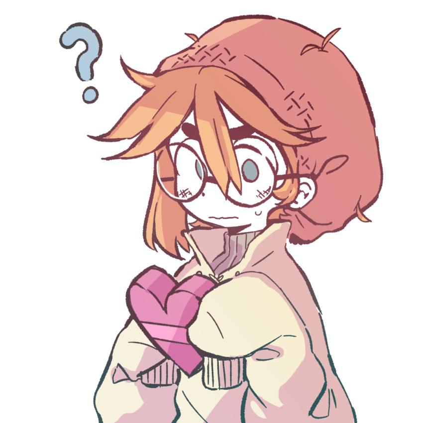 1girl ? blue_eyes box closed_mouth eyebrows gift glasses hair_between_eyes heart-shaped_box holding holding_gift long_hair long_sleeves looking_away orange_peel_(artist) original redhead round_eyewear sleeves_past_wrists solo sweatdrop valentine wavy_mouth you're_doing_it_wrong