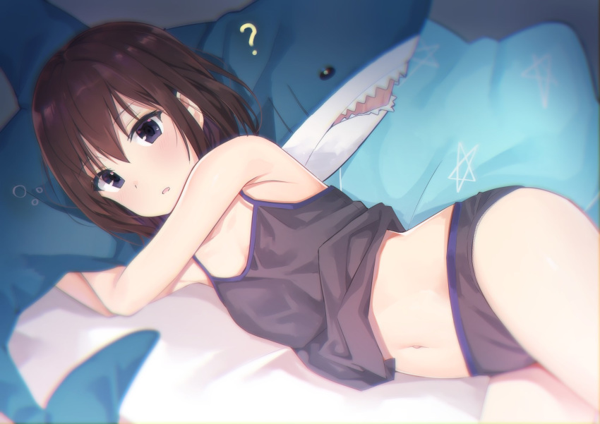 1girl ? black_camisole black_panties blue_eyes blurry breasts brown_hair camisole depth_of_field highres hitoiki lying midriff navel on_bed on_side original panties small_breasts solo stuffed_animal stuffed_shark stuffed_toy underwear