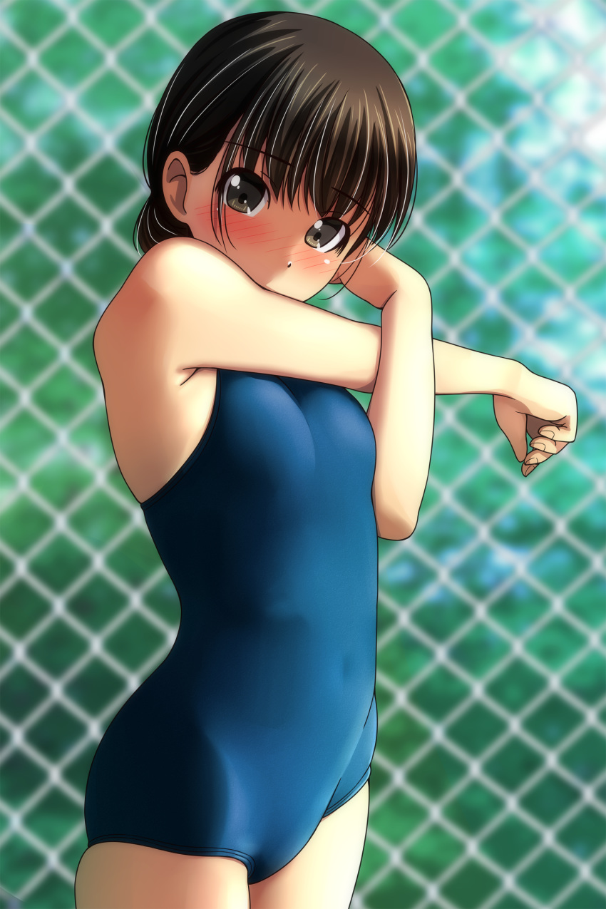 1girl absurdres arm_across_chest bangs bare_arms bare_shoulders black_hair blue_swimsuit blurry blurry_background blush breasts brown_eyes chain-link_fence covered_mouth covered_navel cowboy_shot day depth_of_field eyebrows_visible_through_hair fence hand_up highres matsunaga_kouyou nose_blush one-piece_swimsuit original outdoors school_swimsuit small_breasts solo stretch swimsuit