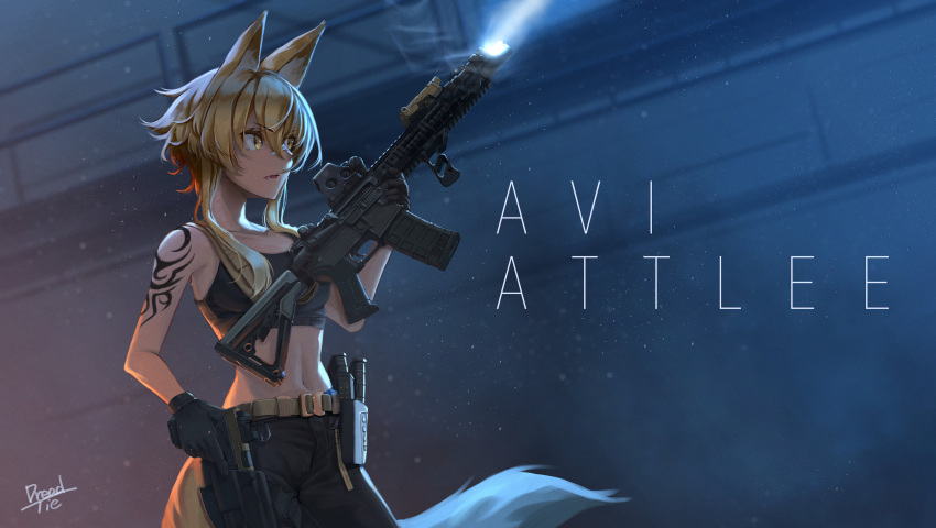 1girl absurdres animal_ears artist_name assault_rifle bangs belt black_gloves black_pants black_shirt blonde_hair brown_belt commentary_request commission crop_top dreadtie dust_cloud eyebrows_visible_through_hair flashlight fox_ears fox_girl fox_tail frown gloves gun handgun highres holding holding_gun holding_weapon holster looking_to_the_side magazine_(weapon) midriff navel night open_mouth original pants rifle shirt short_hair_with_long_locks shoulder_tattoo signature skeb_commission solo standing tail tank_top tattoo tied_shirt weapon yellow_eyes