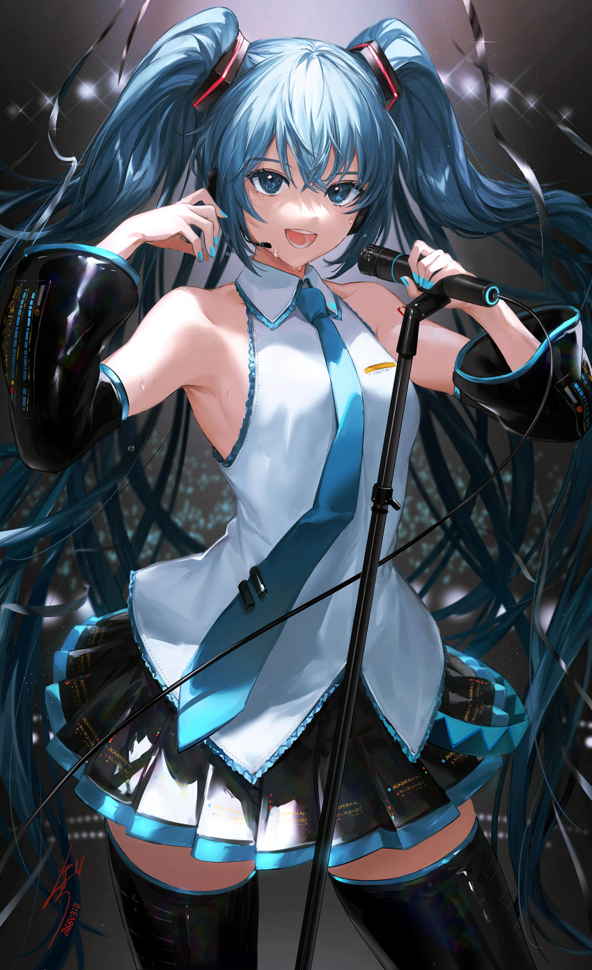 1girl aqua_eyes aqua_hair aqua_nails aqua_neckwear armpits bare_shoulders black_legwear black_skirt blush breasts collarbone collared_shirt commentary detached_sleeves eyebrows_visible_through_hair hatsune_miku headset highres hoojiro lens_flare long_hair looking_at_viewer microphone_stand nail_polish necktie open_mouth pleated_skirt shiny shiny_clothes shirt sidelocks signature skirt sleeveless small_breasts solo sweat sweatdrop thigh-highs tied_hair twintails very_long_hair vocaloid white_shirt zettai_ryouiki