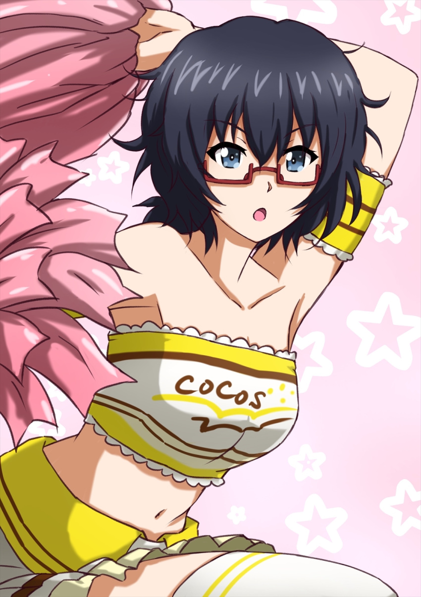 1girl alternate_costume arm_behind_head arm_up barefoot black_eyes black_hair cheerleader clothes_writing coco's commentary double_horizontal_stripe frilled_armband frilled_skirt frills girls_und_panzer glasses highres holding_pom_poms lace lace-trimmed_shirt leaning_forward logo looking_at_viewer medium_hair messy_hair miniskirt navel omachi_(slabco) oryou_(girls_und_panzer) pink_background red-framed_eyewear semi-rimless_eyewear shirt short_ponytail simple_background skirt solo star starry_background strapless thigh-highs tubetop under-rim_eyewear white_background white_legwear white_shirt white_skirt