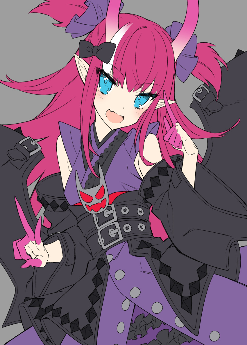 1girl :d absurdres alternate_horns belt black_belt black_bow blue_eyes blush bow detached_sleeves elizabeth_bathory_(fate) elizabeth_bathory_(fate)_(all) eyebrows_visible_through_hair fang fate/grand_order fate_(series) grey_background hair_bow hair_ornament hair_scrunchie hand_up head_tilt highres horns japanese_clothes kimono long_sleeves looking_at_viewer multicolored_hair multiple_belts open_mouth pink_hair pointy_ears purple_kimono purple_scrunchie scrunchie simple_background smile solo streaked_hair two_side_up upper_body v westxost_(68monkey) wide_sleeves