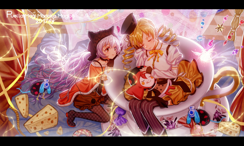 2017 2girls :p beret black_gloves black_headwear black_legwear black_skirt blonde_hair blush blush_stickers breasts bubble_skirt cake candy candy_wrapper capelet charlotte_(madoka_magica) checkered checkered_floor cheese closed_eyes closed_mouth commentary_request copyright_name cup curtains detached_sleeves doughnut drill_hair dual_persona eyelashes feet_out_of_frame fingerless_gloves fingernails flower food from_above full_body fur-trimmed_capelet fur_trim gloves glowing goddess_madoka hair_between_eyes hair_flower hair_ornament hat high_collar highres impossible_clothes in_container in_cup kneeling lap_pillow large_breasts letterboxed light_particles light_smile lips lollipop long_hair looking_at_another macaron mahou_shoujo_madoka_magica mahou_shoujo_madoka_magica_movie majiang momoe_nagisa multiple_girls neck_ribbon oversized_object pantyhose pillow polka_dot polka_dot_legwear pom_pom_(clothes) puffy_short_sleeves puffy_sleeves pyotr_(madoka_magica) ribbon saucer shaded_face shell shiny shiny_hair short_sleeves skirt sleeping sleeping_on_person smile soul_gem striped striped_legwear sweets table teacup thigh-highs tomoe_mami tongue tongue_out twin_drills very_long_hair white_hair wings witch_(madoka_magica) yellow_eyes yellow_ribbon yellow_skirt