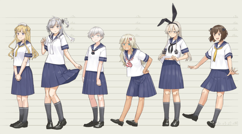 6+girls alternate_costume anchor_hair_ornament bangs black_footwear black_neckwear blonde_hair blue_skirt brown_hair double_bun fletcher_(kantai_collection) grecale_(kantai_collection) grin hachimaki hair_ornament hairband headband headgear highres kantai_collection kawashina_(momen_silicon) kneehighs long_hair multiple_girls one_side_up sailor_collar school_uniform serafuku shimakaze_(kantai_collection) short_hair short_sleeves silver_hair skirt smile striped striped_neckwear suzutsuki_(kantai_collection) white_neckwear yellow_neckwear yukikaze_(kantai_collection) z1_leberecht_maass_(kantai_collection)