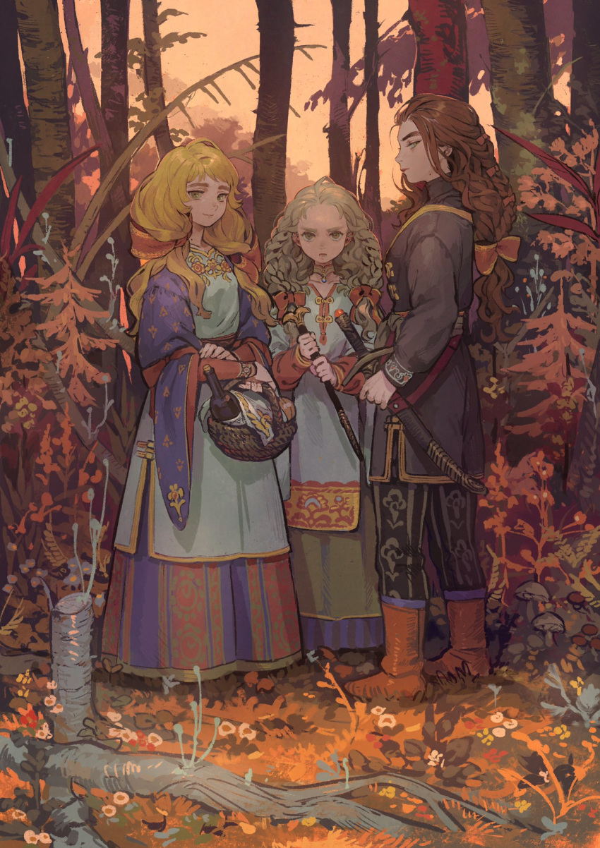 3girls akaneko_(redakanekocat) alcohol autumn bangs basket black_pants black_shirt blonde_hair boots bottle bow braid brown_eyes choker closed_mouth collar collarbone commentary_request day dress facing_viewer forest from_behind full_body hair_bow hair_ornament highres holding holding_basket jewelry leather leather_boots long_dress long_hair long_sleeves multiple_girls nature open_mouth original outdoors pants plant red_bow shirt smile standing sword teeth thick_eyebrows tree turtleneck weapon wine wine_bottle yellow_eyes