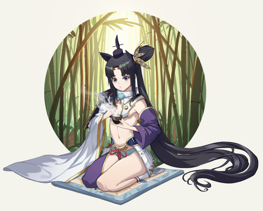 1girl absurdly_long_hair absurdres armor asymmetrical_legwear asymmetrical_sleeves bamboo bamboo_forest bangs black_hair blowing blue_eyes blue_panties breasts commentary_request cup fate/grand_order fate_(series) forest hat highres japanese_armor long_hair long_ponytail long_sleeves monon nature navel no_shoes panties parted_bangs pauldrons revealing_clothes seiza side_ponytail sitting small_breasts solo steam stomach tabi tea teacup tokin_hat underwear ushiwakamaru_(fate/grand_order) very_long_hair wide_sleeves