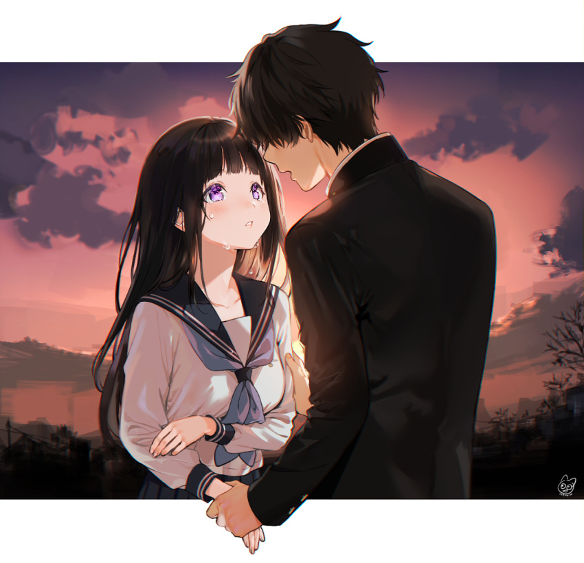 1boy 1girl bangs black_hair black_jacket breasts brown_hair chitanda_eru collarbone commentary_request eyebrows_visible_through_hair hand_grab highres hyouka jacket long_hair long_sleeves looking_at_another medium_breasts mery_(apfl0515) oreki_houtarou outdoors school_uniform serafuku shirt short_hair signature sunset violet_eyes white_shirt