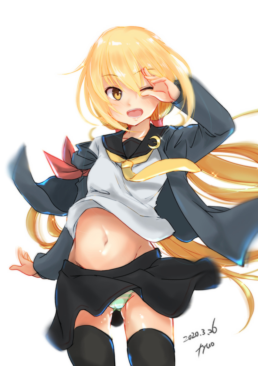 1girl black_legwear black_serafuku blonde_hair blush breasts crescent crescent_moon_pin eyebrows_visible_through_hair fyuo hair_between_eyes hair_ornament highres kantai_collection long_hair long_sleeves looking_at_viewer low_twintails navel neckerchief necktie one_eye_closed open_mouth panties remodel_(kantai_collection) satsuki_(kantai_collection) school_uniform serafuku simple_background skirt smile solo striped striped_panties thigh-highs twintails underwear white_background wind wind_lift yellow_eyes