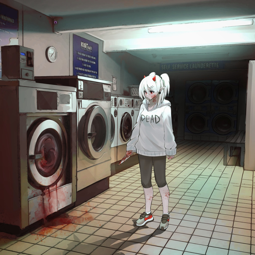 1girl blood blood_on_face blood_splatter clothes_writing ear_piercing english_text highres holding holding_weapon hood hoodie horns knife kumaartsu original piercing pointy_ears ponytail red_eyes washing_machine weapon white_hair