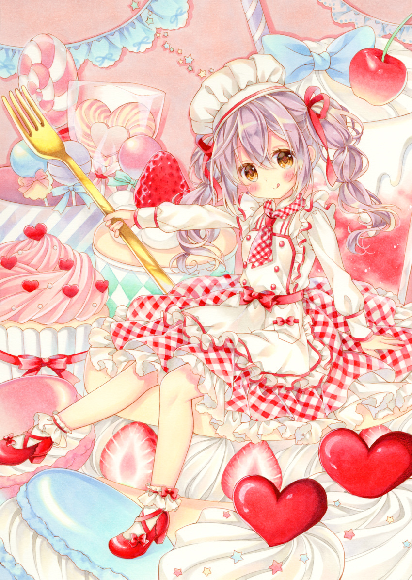 1girl :q apron ascot blush bobby_socks bow brown_eyes cake candy chef_hat cherry commentary cupcake double-breasted feet_out_of_frame food fork frilled_apron frills fruit hair_between_eyes hair_ribbon hat head_tilt heart heart_lollipop highres holding holding_fork in_food lollipop long_hair long_sleeves looking_at_viewer macaron marker_(medium) minigirl multi-tied_hair original outstretched_arm petticoat plaid plaid_neckwear plaid_skirt purple_hair puu_(kari---ume) red_footwear red_neckwear red_ribbon red_skirt ribbon shirt shoe_bow shoes sitting skirt socks solo star strawberry sweets swirl_lollipop symbol_commentary tongue tongue_out traditional_media twintails white_headwear white_legwear white_shirt