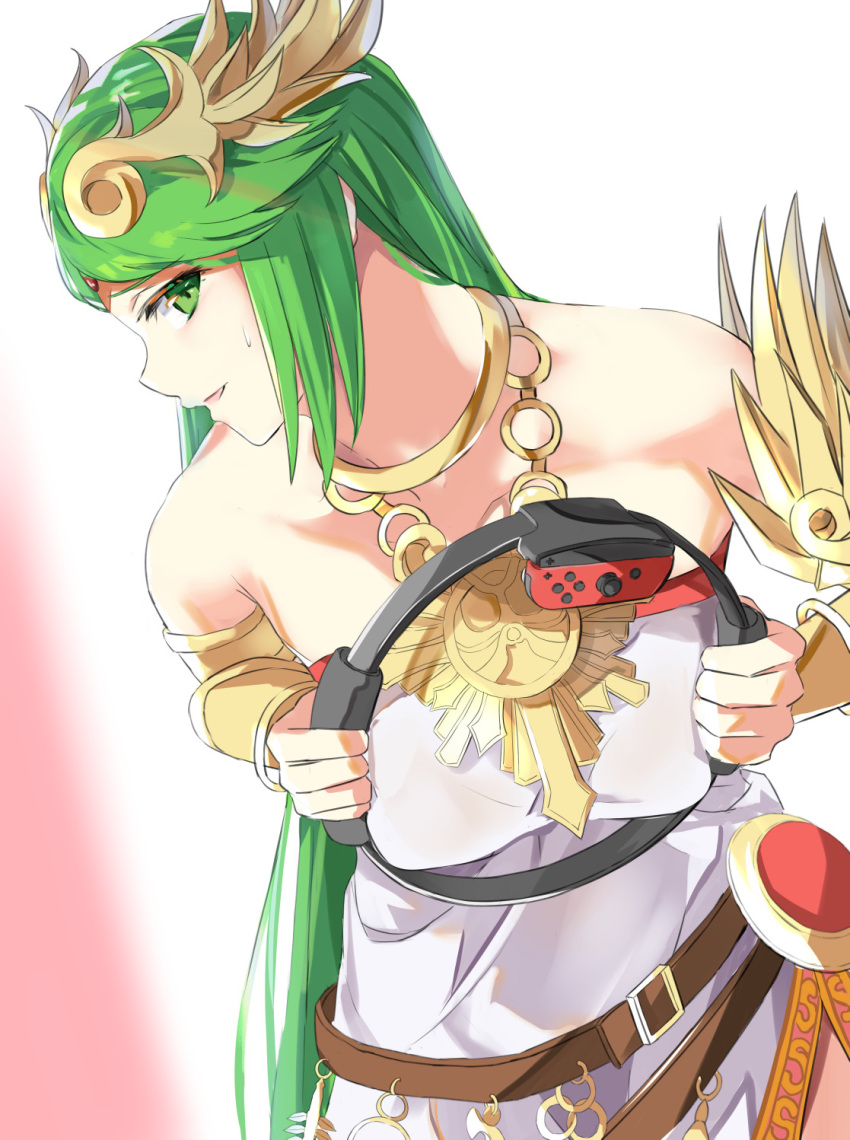 1girl bare_shoulders breasts dress green_eyes green_hair highres jewelry kid_icarus large_breasts long_hair looking_at_viewer necklace open_mouth palutena ring_(ring_fit_adventure) ring_fit_adventure simple_background smile solo super_smash_bros. tiara tomas_(kaosu22) very_long_hair