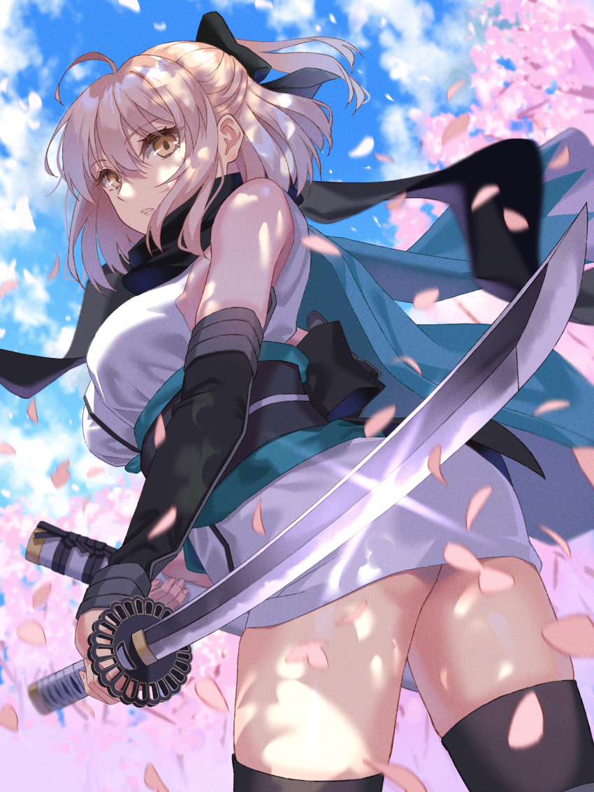 1girl absurdres ahoge bare_shoulders black_legwear blue_sky breasts cherry_blossoms clouds falling_petals fate/grand_order fate_(series) hair_ribbon half_updo highres holding holding_sheath holding_sword holding_weapon japanese_clothes kimono large_breasts naruse_(0819) obi okita_souji_(fate) okita_souji_(fate)_(all) parted_lips reverse_grip ribbon sash scarf sheath shirt short_hair short_kimono sky sleeveless sleeveless_shirt standing sword thigh-highs thighs weapon white_kimono yellow_eyes
