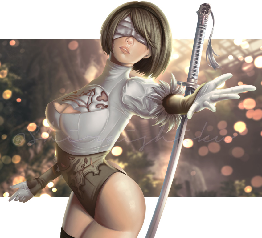 1girl artist_name ass black_hair black_leotard blade concept_art dark_skin headband highres juliet_sleeves katana leotard long_sleeves nature nier_(series) nier_automata parted_lips puffy_sleeves shiraishiku signature sword thigh-highs thighs tree weapon white_headband yorha_no._2_type_b yorha_no._2_type_p