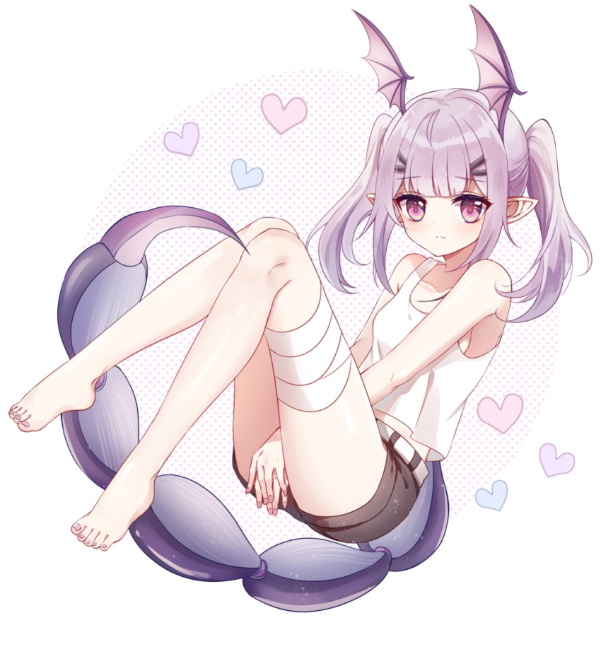 1girl arknights bandaged_leg bandages bangs bare_arms bare_legs bare_shoulders barefoot black_shorts blush breasts collarbone commentary_request eyebrows_visible_through_hair hair_ornament hairclip head_wings heart knees_together_feet_apart knees_up liu_(-liu) long_hair looking_at_viewer manticore_(arknights) midriff_peek nail_polish pointy_ears purple_hair purple_nails scorpion_tail short_shorts shorts sidelocks small_breasts solo tail tank_top thighs toenail_polish twintails violet_eyes white_background white_tank_top