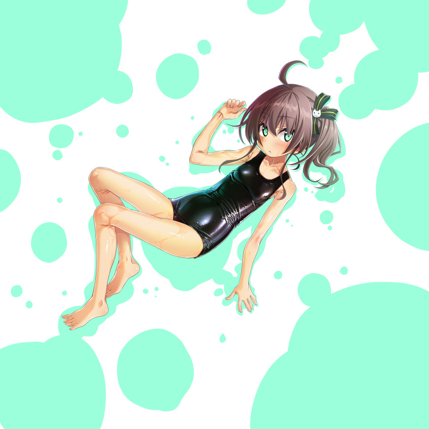 1girl :o absurdres ahoge arm_up bangs bare_arms bare_legs bare_shoulders barefoot blush brown_hair cat_hair_ornament collarbone green_background green_eyes hair_ornament hair_ribbon highres hololive looking_at_viewer lying natsuiro_matsuri one-piece_swimsuit parted_lips ribbon sakuya_tsuitachi school_swimsuit shiny shiny_swimsuit side_ponytail sidelocks solo swimsuit two-tone_background virtual_youtuber wet wet_clothes wet_swimsuit white_background