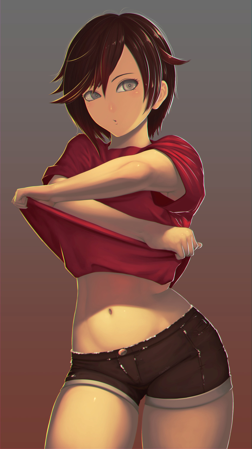 1girl :o absurdres brown_hair chromatic_aberration cowboy_shot grey_background grey_eyes highres midriff navel red_shirt rimviolet ruby_rose rwby shirt shirt_pull short_hair short_shorts shorts solo thighs undressing