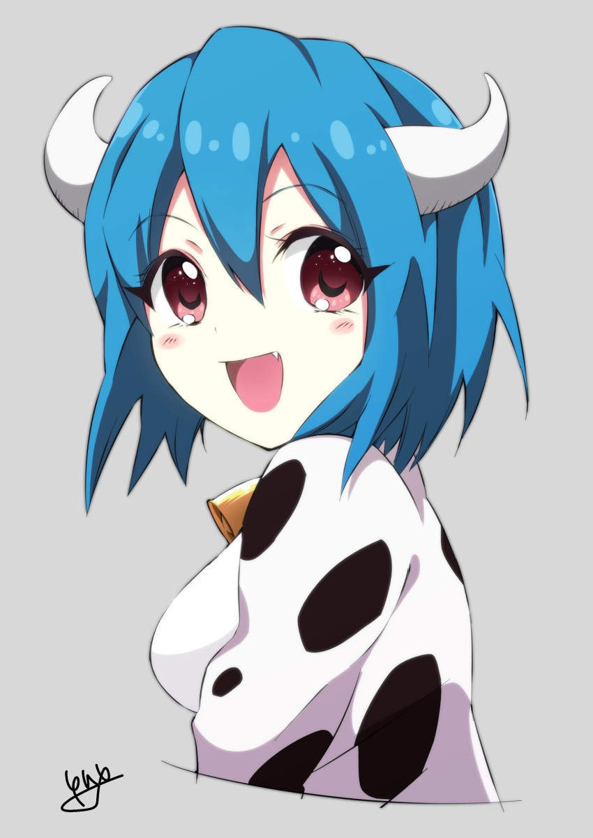 1girl absurdres animal_print bell bell_choker blue_hair blush breasts choker cow_print eyebrows_visible_through_hair fang grey_background hair_between_eyes highres horns jashin-chan_dropkick large_breasts looking_at_viewer minos_(jashin-chan_dropkick) open_mouth red_eyes short_hair simple_background smile solo upper_body yyuki317