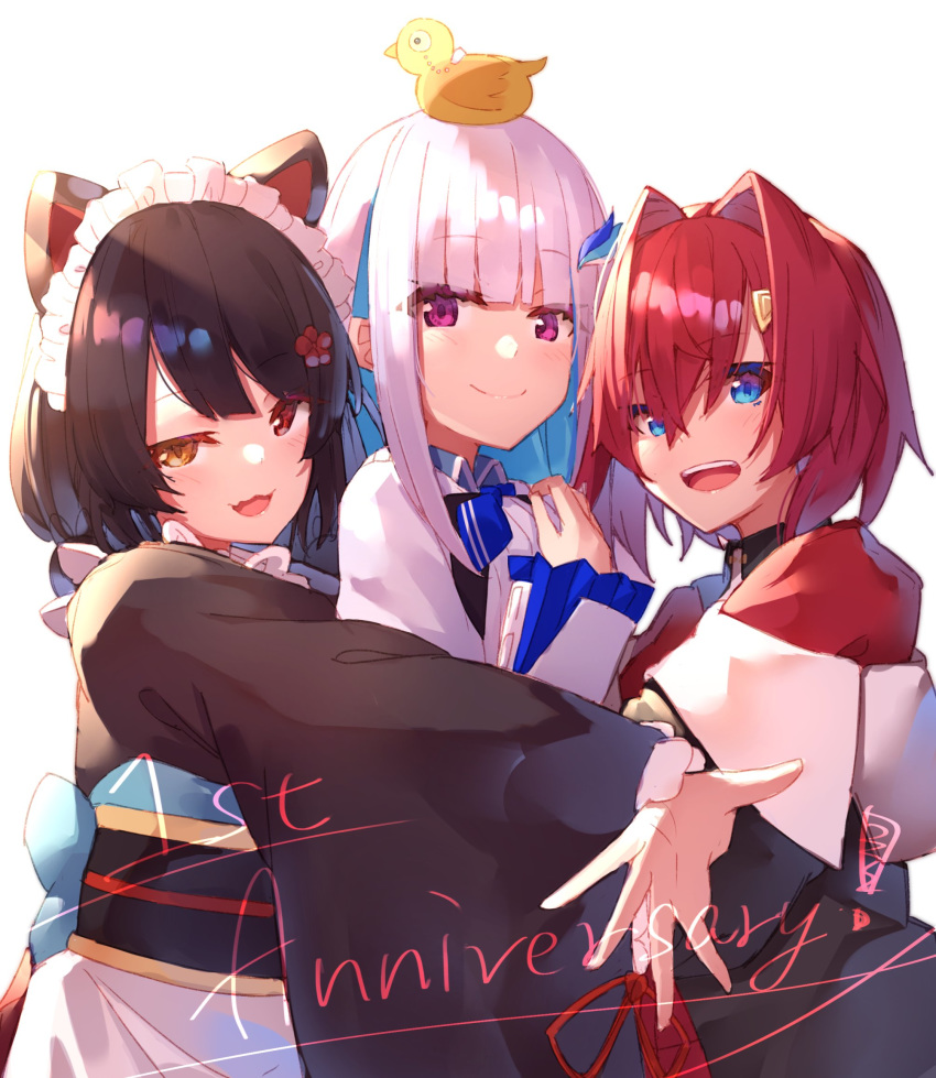 3girls ange_katrina animal_ears animal_on_head anniversary bangs black_hair blue_eyes blue_hair blunt_bangs blush closed_mouth dog_ears dog_girl dog_hair_ornament flower hair_between_eyes hair_flower hair_intakes hair_ornament hairclip heterochromia highres hug inui_toko jacket japanese_clothes lize_helesta long_hair long_sleeves looking_at_viewer low_twintails maid_headdress monocle multicolored_hair multiple_girls nijisanji obi on_head open_mouth outstretched_arm red_eyes red_jacket redhead sash short_hair simple_background smile twintails two-tone_hair virtual_youtuber wa_maid white_background white_hair yellow_eyes yuuki_nao_(pixiv10696483)